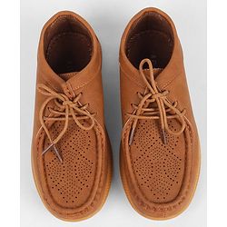 Pine Kids Formal Shoes With Lace Textured Design - Tan