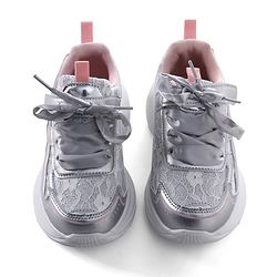 Pine Kids Lace Up Sneaker Shoes With Floral Embroidery - Pink