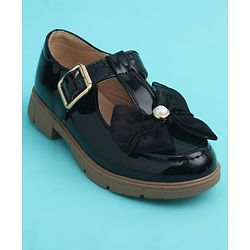 Pine Kids Buckle Closure Closed Toe Ballerina with Bow Applique - Black