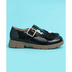 Pine Kids Buckle Closure Closed Toe Ballerina with Bow Applique - Black