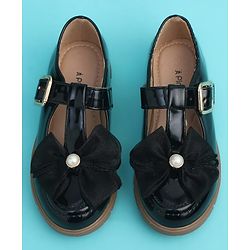 Pine Kids Buckle Closure Closed Toe Ballerina with Bow Applique - Black