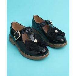 Pine Kids Buckle Closure Closed Toe Ballerina with Bow Applique - Black