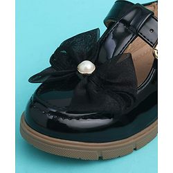 Pine Kids Buckle Closure Closed Toe Ballerina with Bow Applique - Black