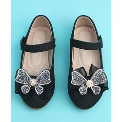 Pine Kids Velcro Closure Closed Toe Ballerina with Bow Applique - Black
