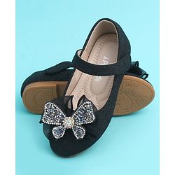 Pine Kids Velcro Closure Closed Toe Ballerina with Bow Applique - Black