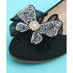 Pine Kids Velcro Closure Closed Toe Ballerina with Bow Applique - Black