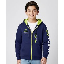 Pine Kids Cotton Knit Full Sleeves Hooded Sweatjacket With Text Print & Kangaroo Pockets - Navy Blue