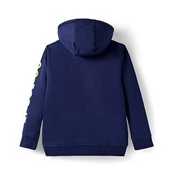 Pine Kids Cotton Knit Full Sleeves Hooded Sweatjacket With Text Print & Kangaroo Pockets - Navy Blue