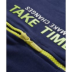 Pine Kids Cotton Knit Full Sleeves Hooded Sweatjacket With Text Print & Kangaroo Pockets - Navy Blue