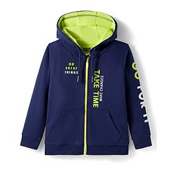 Pine Kids Cotton Knit Full Sleeves Hooded Sweatjacket With Text Print & Kangaroo Pockets - Navy Blue