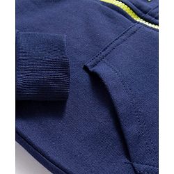 Pine Kids Cotton Knit Full Sleeves Hooded Sweatjacket With Text Print & Kangaroo Pockets - Navy Blue