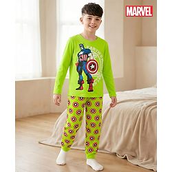 Pine Kids Marvel Single Jersey Knit Full Sleeves Night Suit With Captain America Graphics - Limegreen