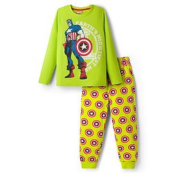 Pine Kids Marvel Single Jersey Knit Full Sleeves Night Suit With Captain America Graphics - Limegreen