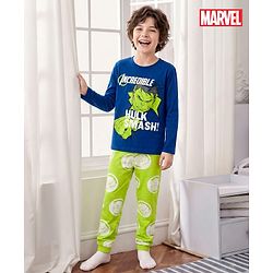 Pine Kids Single Jersey Knit Full Sleeves Night Suit With Hulk Graphics - Navy Blue & Green