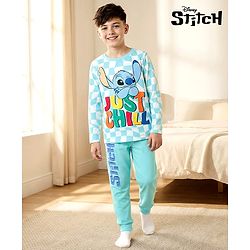 Pine Kids Disney Single Jersey Knit Full Sleeves Night Suit With Stitch Graphics - Light Blue