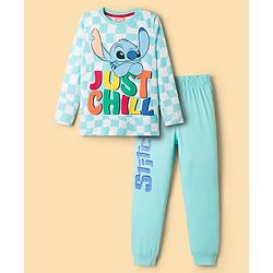 Pine Kids Disney Single Jersey Knit Full Sleeves Night Suit With Stitch Graphics - Light Blue