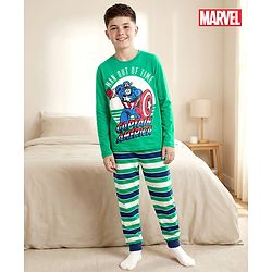 Pine Kids Marvel Single Jersey Knit Full Sleeves Night Suit with Captain America Graphic & Stripes - Green