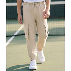 Pine Kids Cotton Elastane Woven Full Length Solid Trouser - Beige