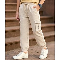 Pine Kids Cotton Elastane Woven Full Length Solid Color Trouser - Beige
