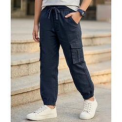 Pine Kids Cotton Elastane Woven Full Length Solid Color Trouser - Navy Blue