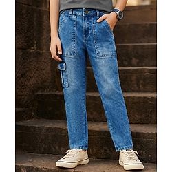 Pine Kids Denim Woven Full Length Solid Color Jeans with Cargo Pockets - Blue