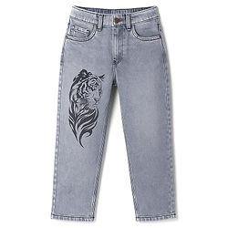 Pine Kids Denim Woven Full Length Jeans With Tiger Print - Grey
