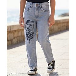 Pine Kids Denim Woven Full Length Jeans With Tiger Print - Grey