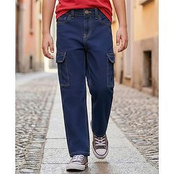 Pine Kids Denim Woven Full Length Washed Jeans With Cargo Pocket - Blue