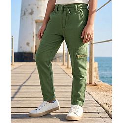 Pine Kids Cotton Elastane Woven Full Length Solid Colour Trouser Pant - Tan