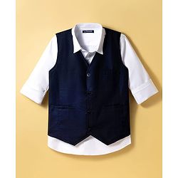 Pine Kids Cotton Woven Full Sleeves Solid Party Shirt With Waistcoat - Navy Blue