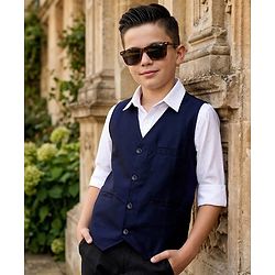 Pine Kids Cotton Woven Full Sleeves Solid Party Shirt With Waistcoat - Navy Blue