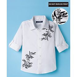 Pine Kids Cotton Woven Full Sleeves Party Shirt With Leaf Print - White