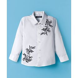 Pine Kids Cotton Woven Full Sleeves Party Shirt With Leaf Print - White