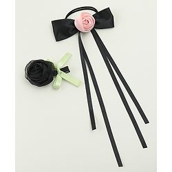 Pine Kids Hair Clip & Rubber Band Set With Floral Applique - Pink & Black