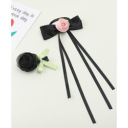 Pine Kids Hair Clip & Rubber Band Set With Floral Applique - Pink & Black