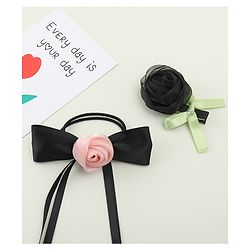 Pine Kids Hair Clip & Rubber Band Set With Floral Applique - Pink & Black