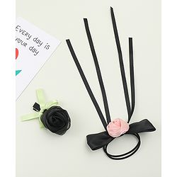 Pine Kids Hair Clip & Rubber Band Set With Floral Applique - Pink & Black