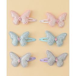 Pine Kids Free Size Snap Clips with Butterfly Applique Pack Of 6 - Light Blue Pink & Purple