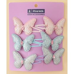 Pine Kids Free Size Snap Clips with Butterfly Applique Pack Of 6 - Light Blue Pink & Purple