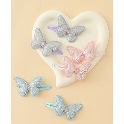 Pine Kids Free Size Snap Clips with Butterfly Applique Pack Of 6 - Light Blue Pink & Purple