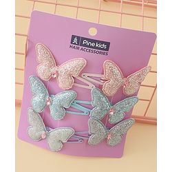 Pine Kids Free Size Snap Clips with Butterfly Applique Pack Of 6 - Light Blue Pink & Purple