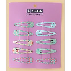 Pine Kids Hearts  & Floral  Printed Snap Clips Pack Of 10 - Light Blue Sea Green & Beige