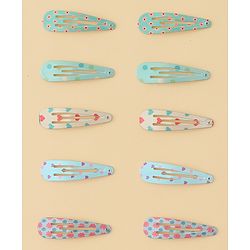 Pine Kids Hearts  & Floral  Printed Snap Clips Pack Of 10 - Light Blue Sea Green & Beige