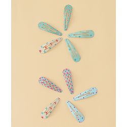 Pine Kids Hearts  & Floral  Printed Snap Clips Pack Of 10 - Light Blue Sea Green & Beige