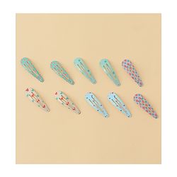 Pine Kids Hearts  & Floral  Printed Snap Clips Pack Of 10 - Light Blue Sea Green & Beige