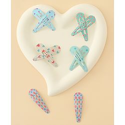 Pine Kids Hearts  & Floral  Printed Snap Clips Pack Of 10 - Light Blue Sea Green & Beige