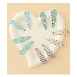 Pine Kids Hearts  & Floral  Printed Snap Clips Pack Of 10 - Light Blue Sea Green & Beige