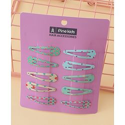 Pine Kids Hearts  & Floral  Printed Snap Clips Pack Of 10 - Light Blue Sea Green & Beige