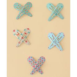Pine Kids Hearts  & Floral  Printed Snap Clips Pack Of 10 - Light Blue Sea Green & Beige