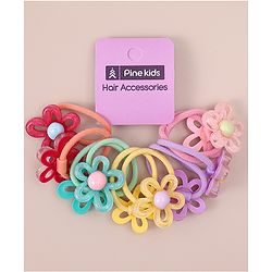 Pine Kids Hair Rubber Bands with Floral Apptique Free Size Pack of 5 - Multicolour